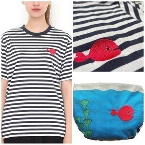 Graniph Japan x Taro Gomi Pocketable Embroidered Fish Short Sleeve Striped Tee S
